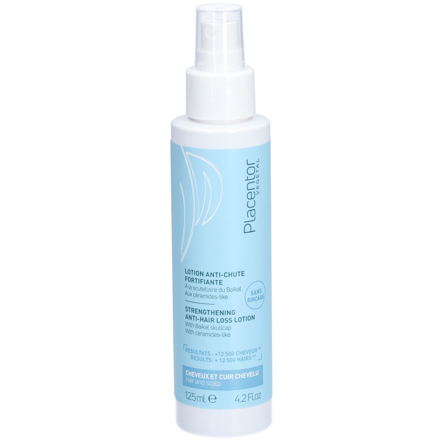 Flacon spray blanc avec étiquette bleu clair. Texte: Placentor, Lotion Anti-Chute Fortifiante, Strengthening Anti-Hair Loss Lotion.