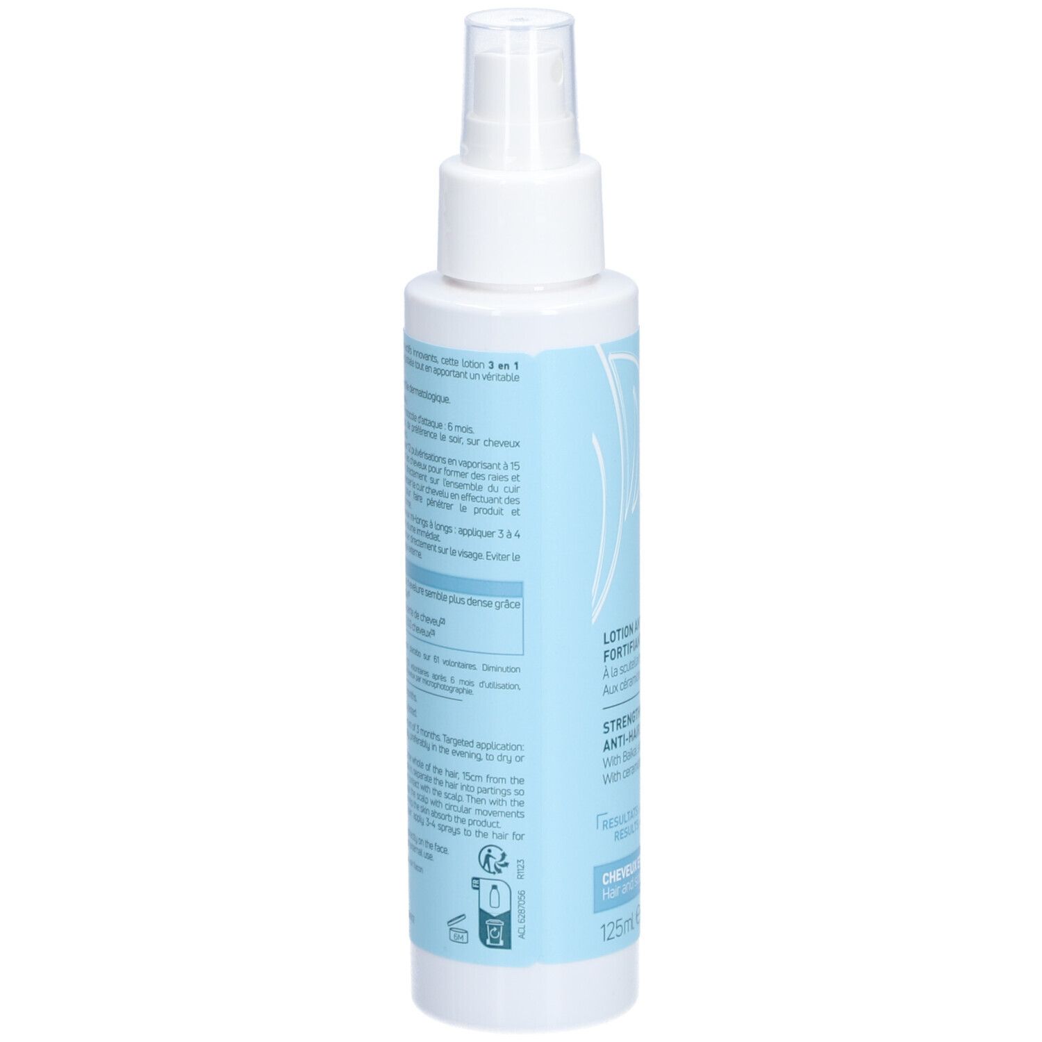 Dos du flacon spray blanc avec étiquette bleu clair. Texte et instructions en plusieurs langues.