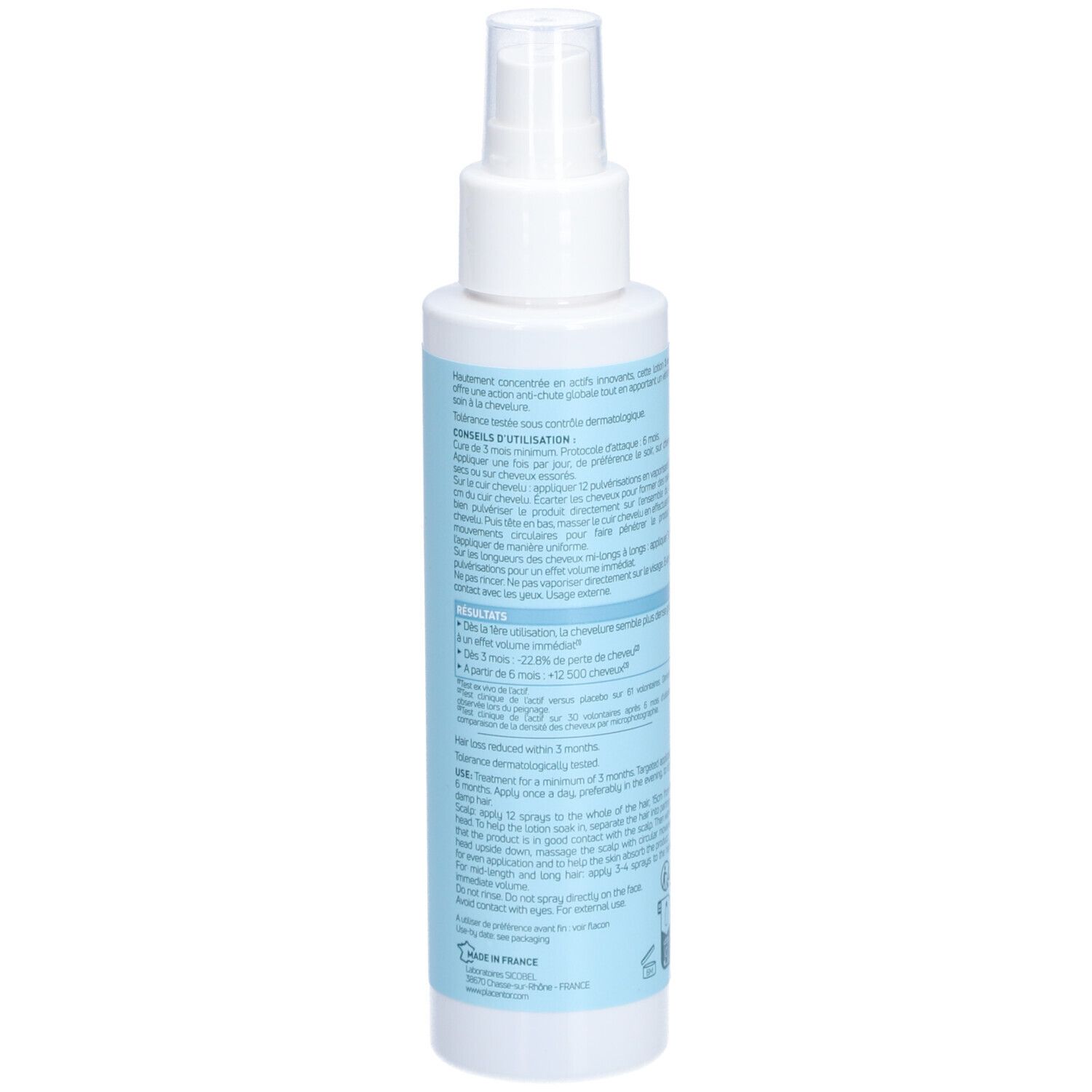 Vue arrière du flacon spray blanc avec étiquette bleu clair. Texte et instructions en plusieurs langues.
