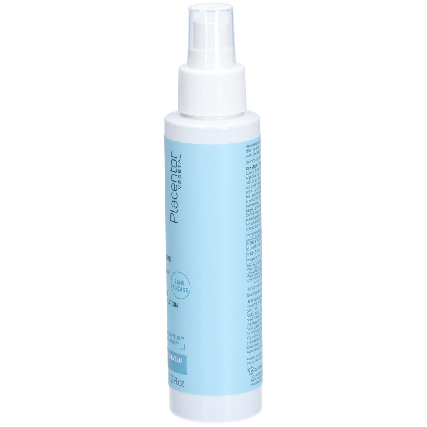Flacon spray blanc avec étiquette bleu clair. Texte: Placentor, Lotion Anti-Chute Fortifiante, Strengthening Anti-Hair Loss Lotion.