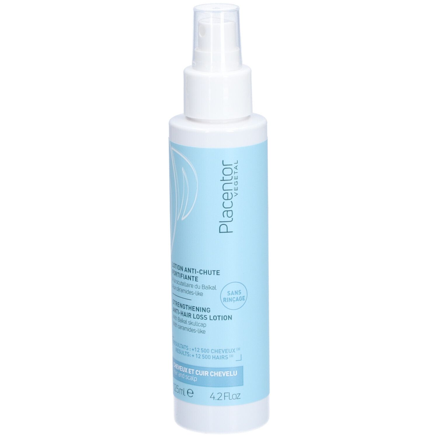 Flacon spray blanc avec étiquette bleu clair. Texte: Placentor, Lotion Anti-Chute Fortifiante, Strengthening Anti-Hair Loss Lotion.