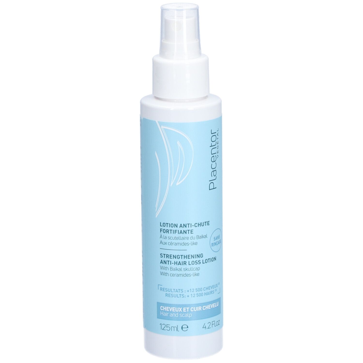 Flacon spray blanc avec étiquette bleu clair. Texte: Placentor, Lotion Anti-Chute Fortifiante, Strengthening Anti-Hair Loss Lotion.
