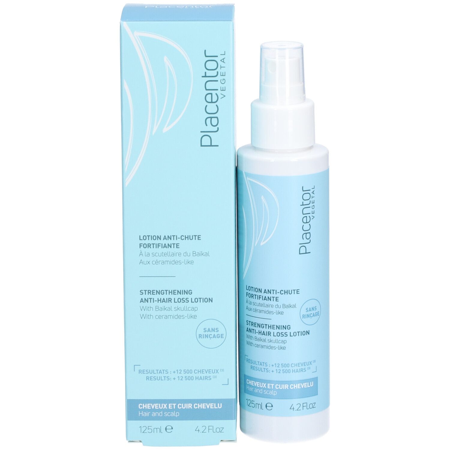 Flacon spray blanc et boîte. Texte: Placentor, Lotion Anti-Chute Fortifiante, Strengthening Anti-Hair Loss Lotion.