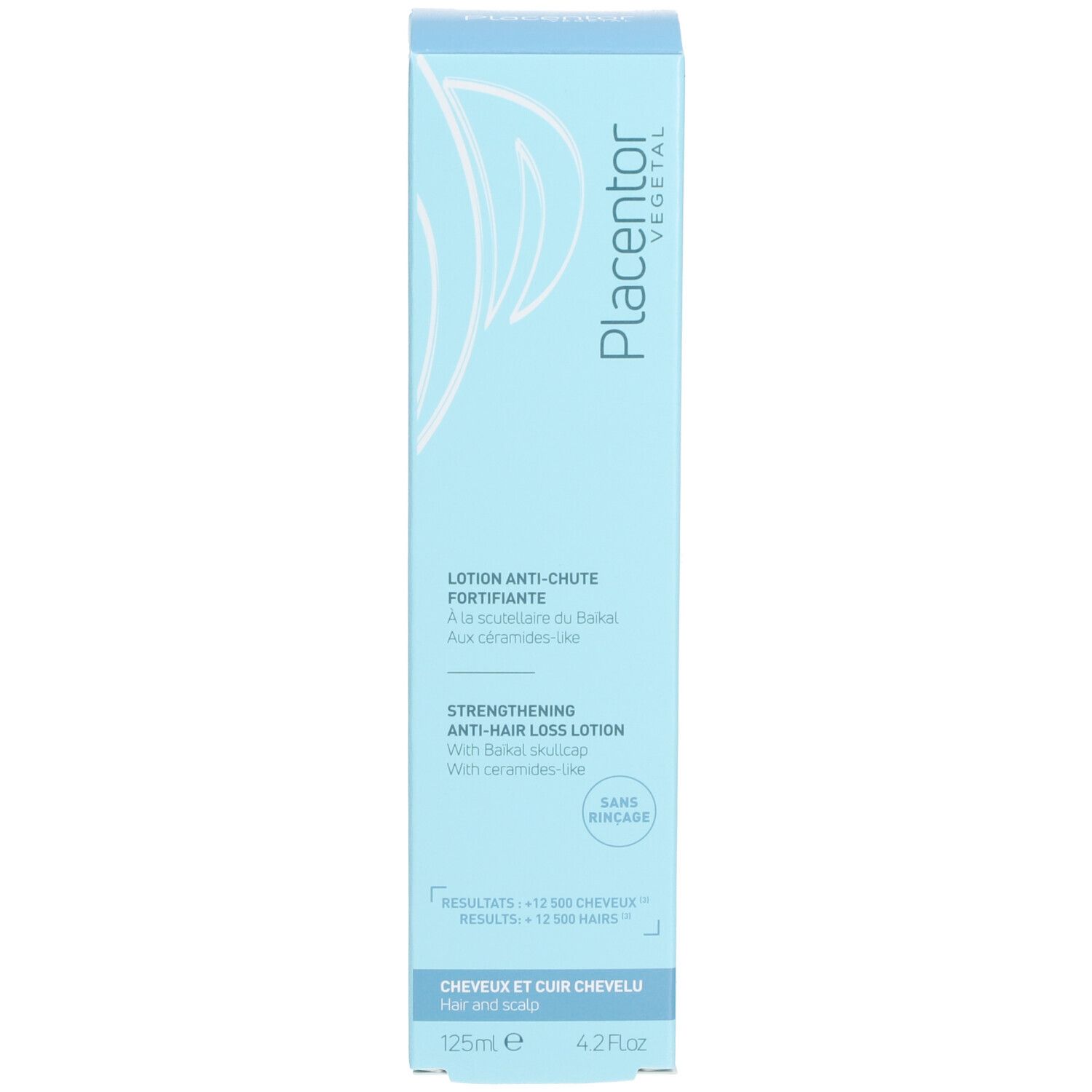 Boîte bleue. Texte: Placentor, Lotion Anti-Chute Fortifiante, Strengthening Anti-Hair Loss Lotion.