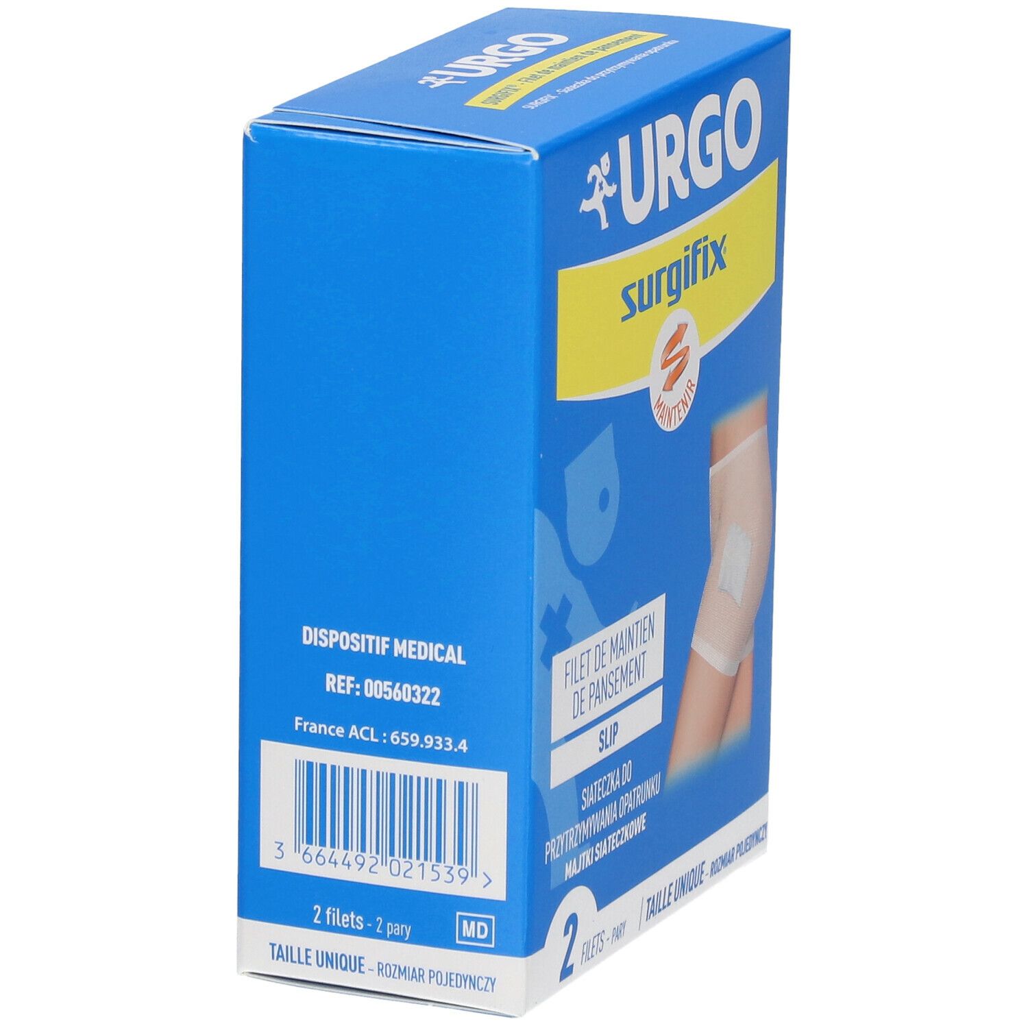 Boîte bleue URGO Surgifix, vue arrière. Informations produit, code-barres. 2 filets, taille unique.