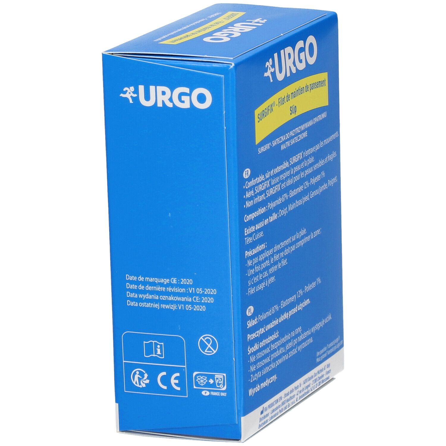 Boîte bleue URGO Surgifix. Texte : marquage CE, date de fabrication. 2 filets, taille unique.
