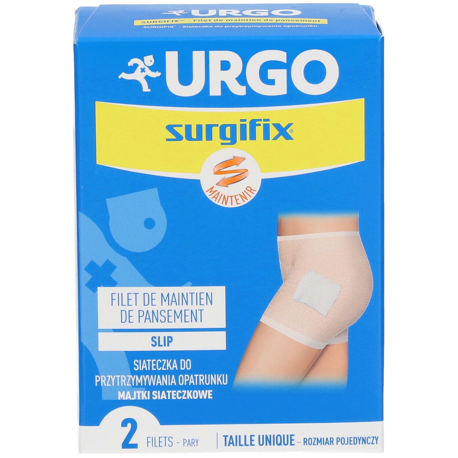 Boîte bleue URGO Surgifix. Illustration : slip avec pansement. 2 filets, taille unique.