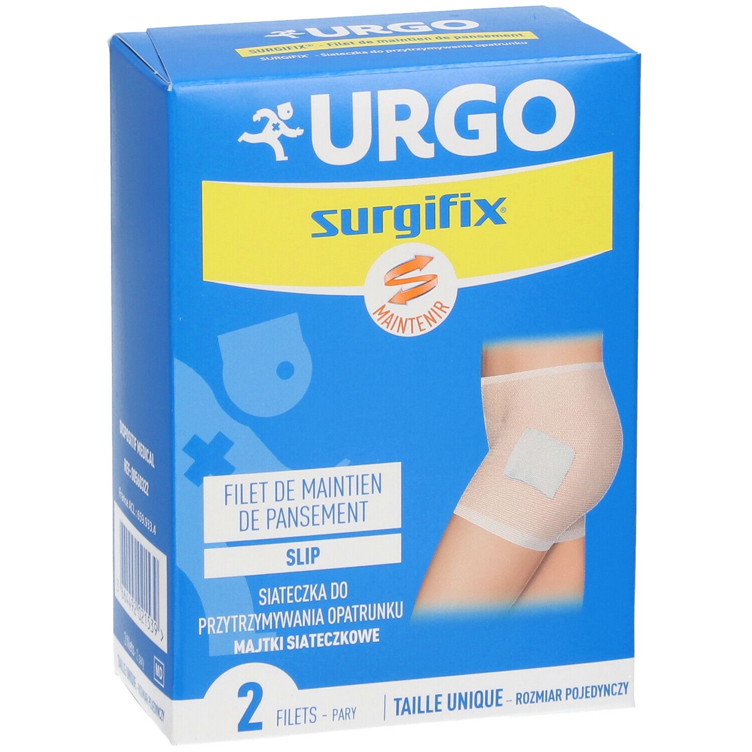 Boîte bleue URGO Surgifix. Illustration : slip avec pansement. 2 filets, taille unique.