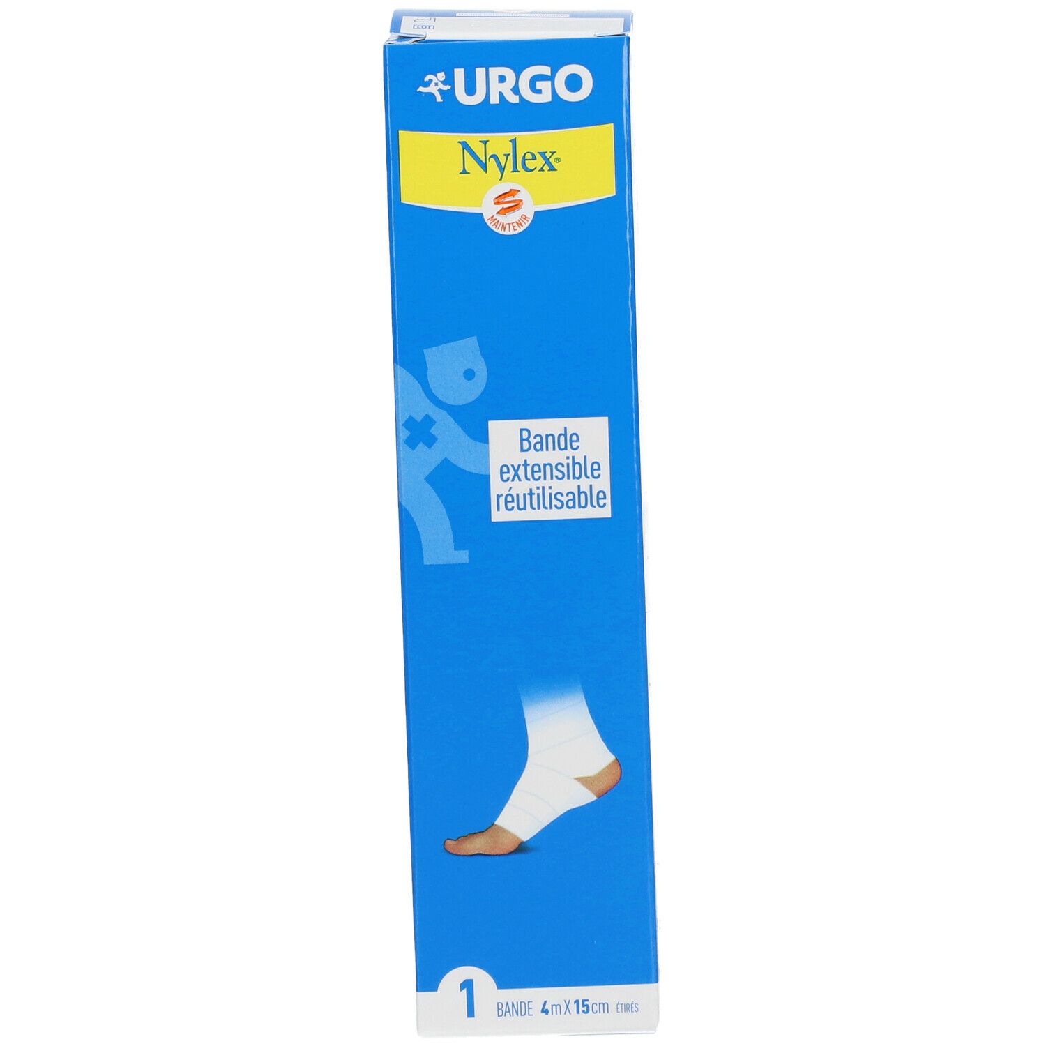 Boîte bleue URGO Nylex. Inscription: Bande extensible réutilisable. Illustration d'un pied bandé. Dimensions: 4 m x 15 cm.