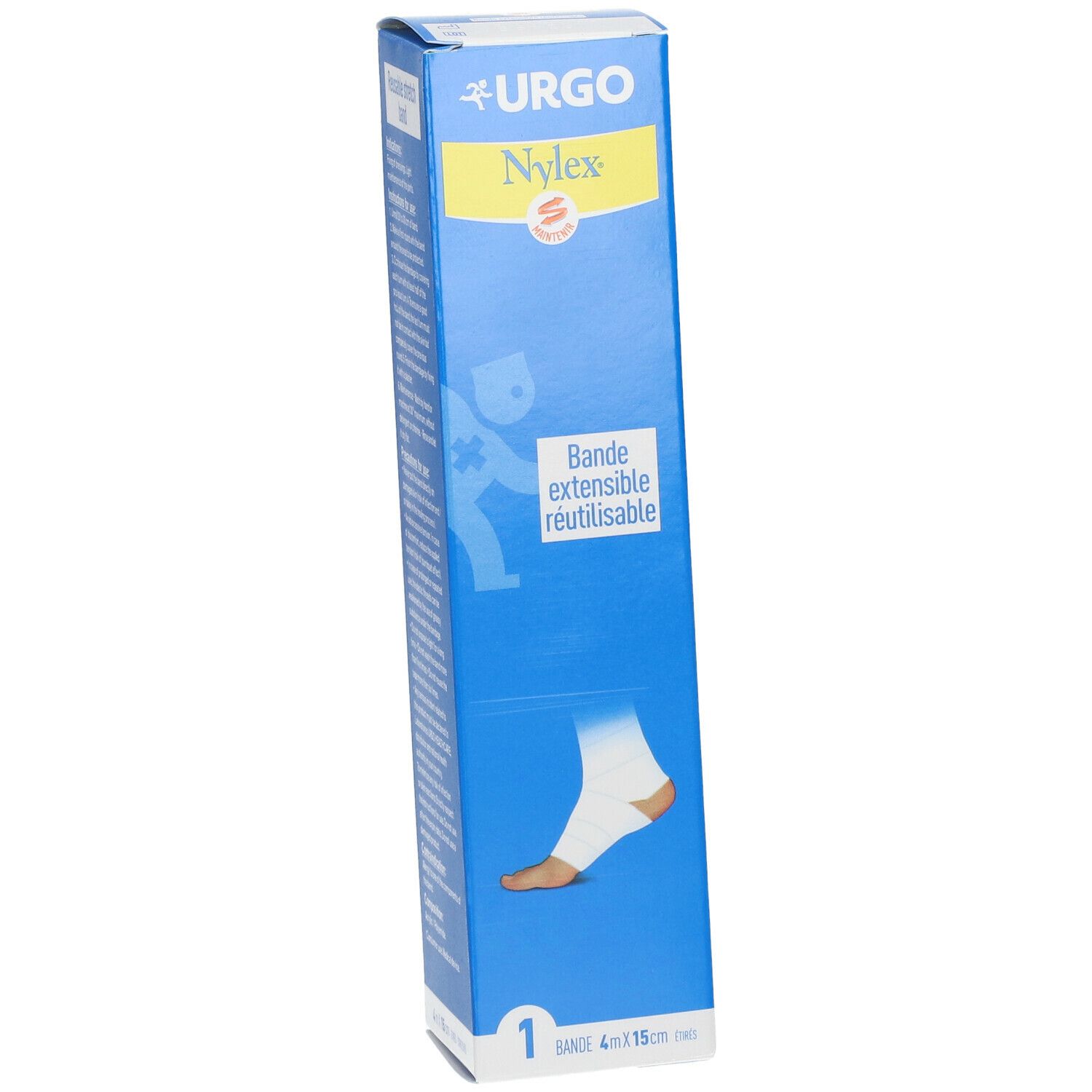 Boîte bleue URGO Nylex. Inscription: Bande extensible réutilisable. Illustration d'un pied bandé. Dimensions: 4 m x 15 cm.