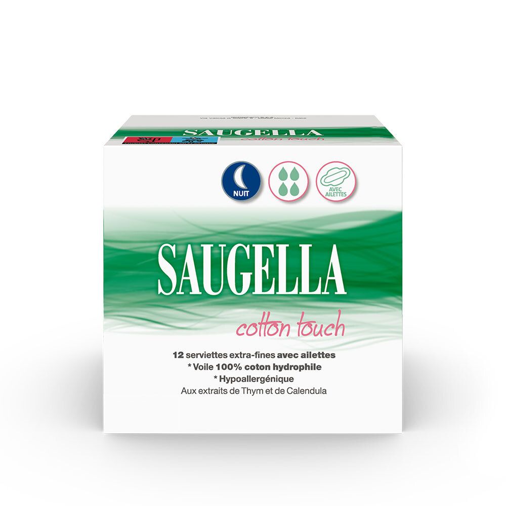 Boîte de nuit SAUGELLA Cotton Touch. 12 serviettes avec ailettes. 100% coton. Hypoallergénique. Extra-fines.
