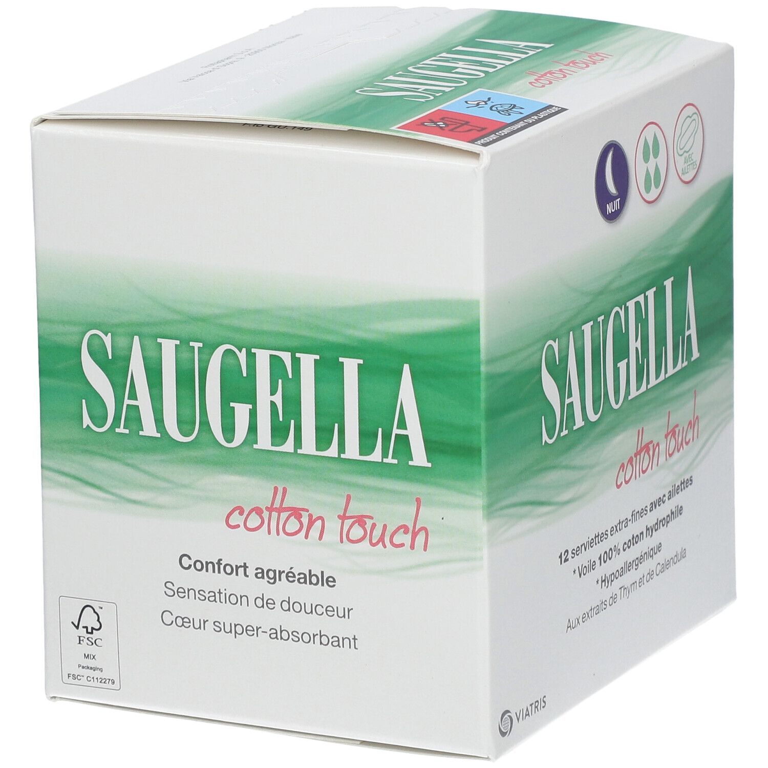 SAUGELLA Cotton Touch Serviettes Nuit. Boîte blanche et verte. Confort, douceur, super absorbant.