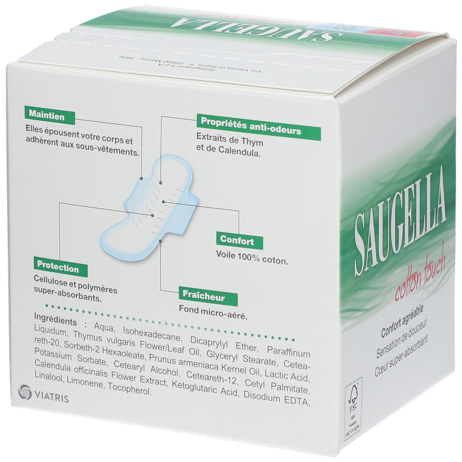 SAUGELLA Cotton Touch Serviettes Nuit. Informations sur l'emballage. Ingrédients et caractéristiques.