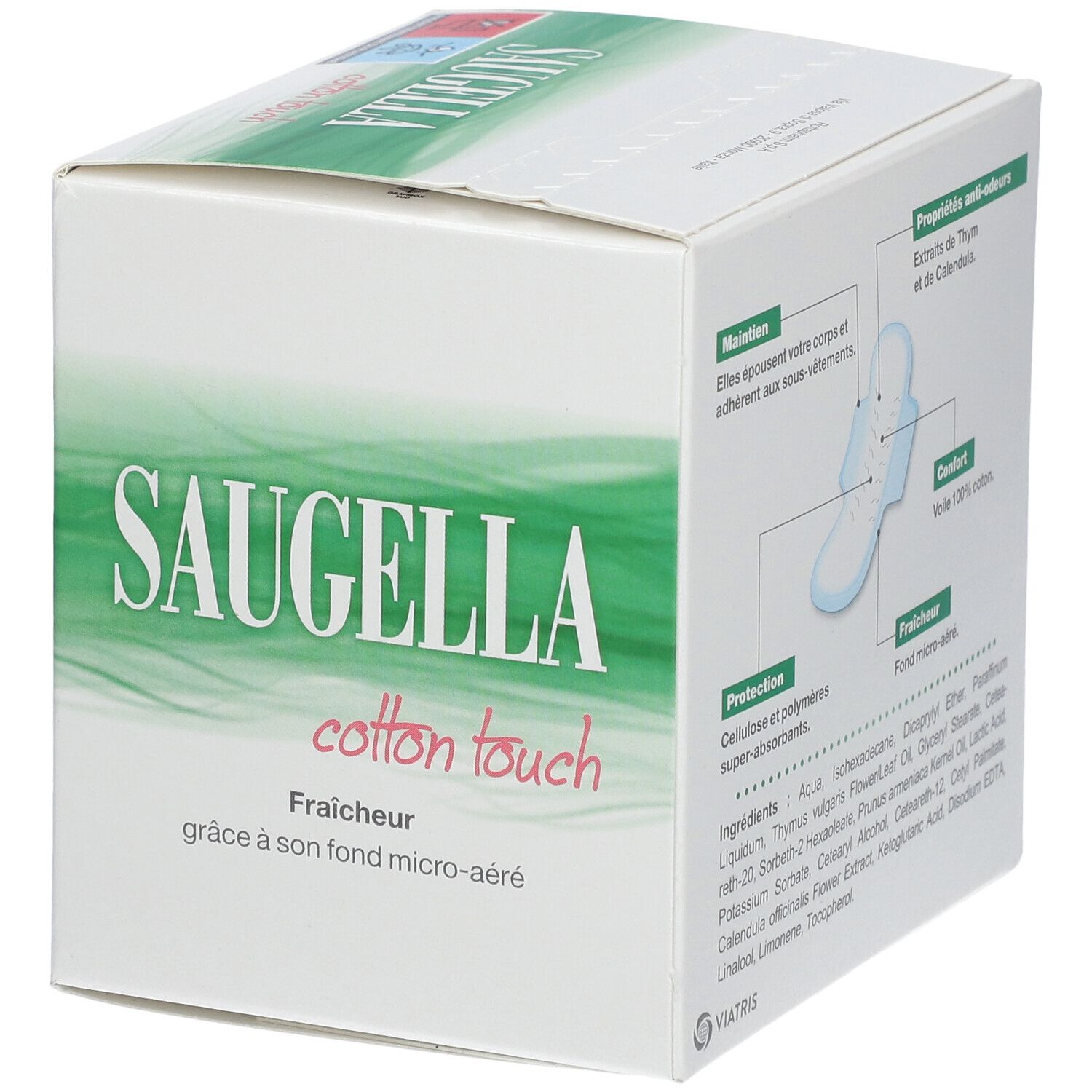 SAUGELLA Cotton Touch Serviettes Nuit. Informations sur l'emballage. Ingrédients et caractéristiques.