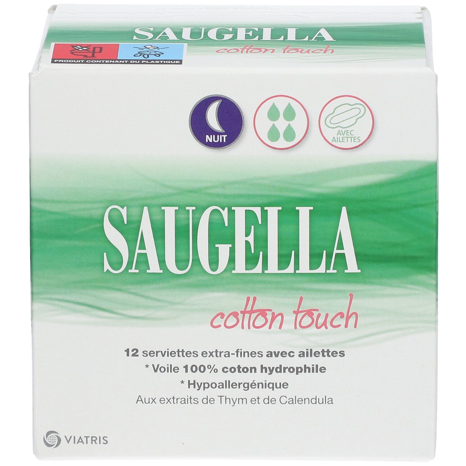 SAUGELLA Cotton Touch Serviettes Nuit. Boîte blanche et verte. 12 serviettes, nuit. Avec ailettes.