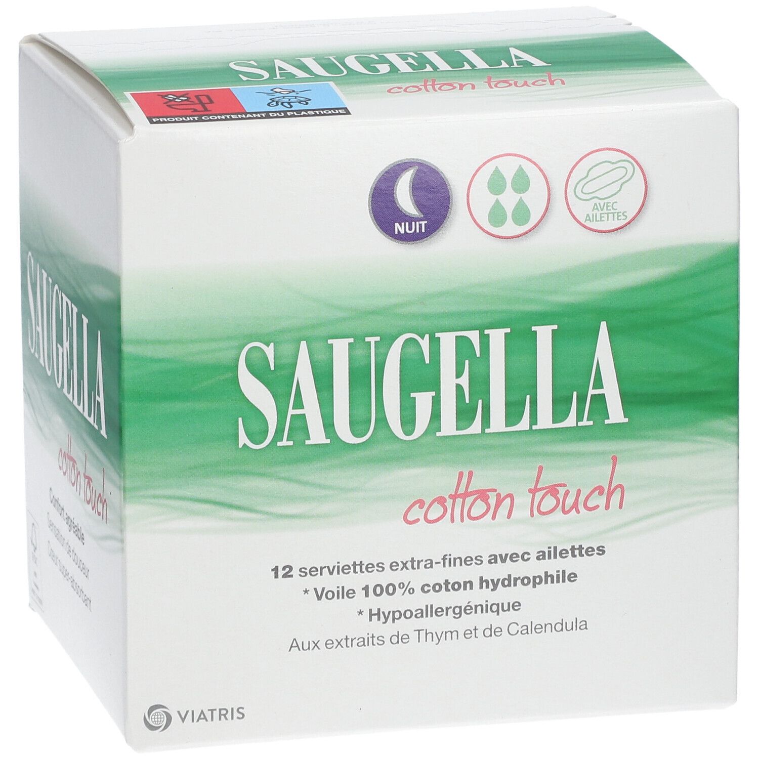 SAUGELLA Cotton Touch Serviettes Nuit. Boîte blanche et verte. 12 serviettes, nuit. Avec ailettes.