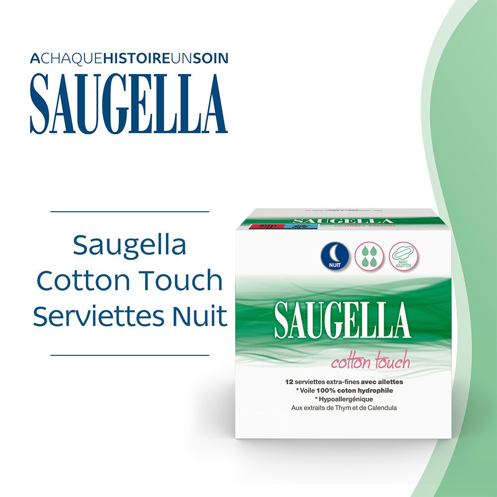 SAUGELLA Cotton Touch Serviettes Nuit. Boîte avec produit. Texte: 12 serviettes, nuit. Avec ailettes.
