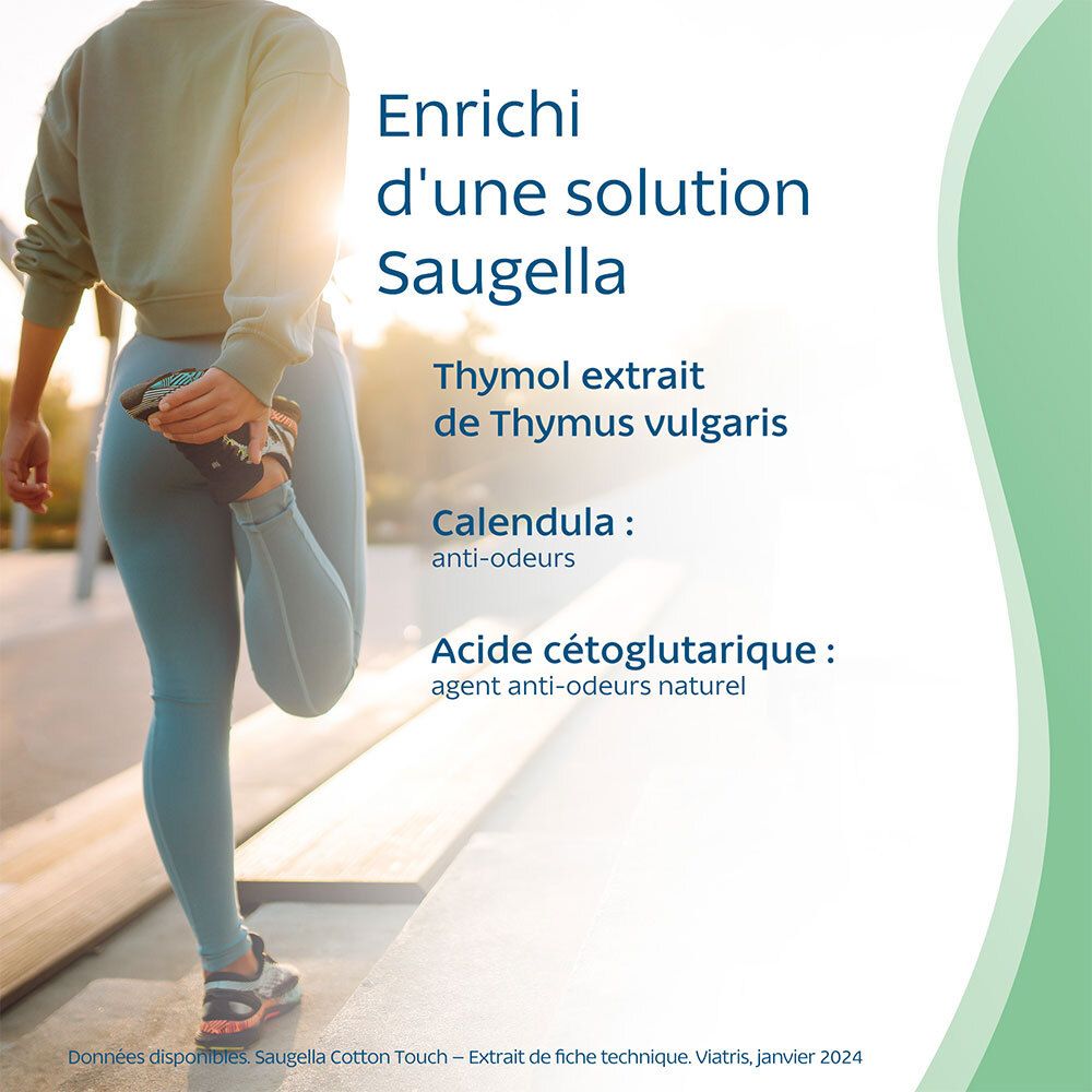 SAUGELLA Cotton Touch. Contient extrait de thym, calendula et acide cétoglutarique. Femme en sport.