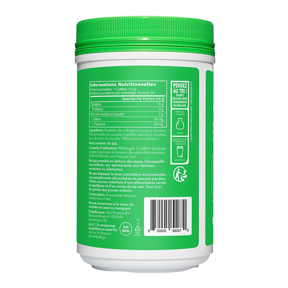 Dos de la boîte verte. Informations nutritionnelles. Liste des ingrédients. Conseils d'utilisation. Code-barres.