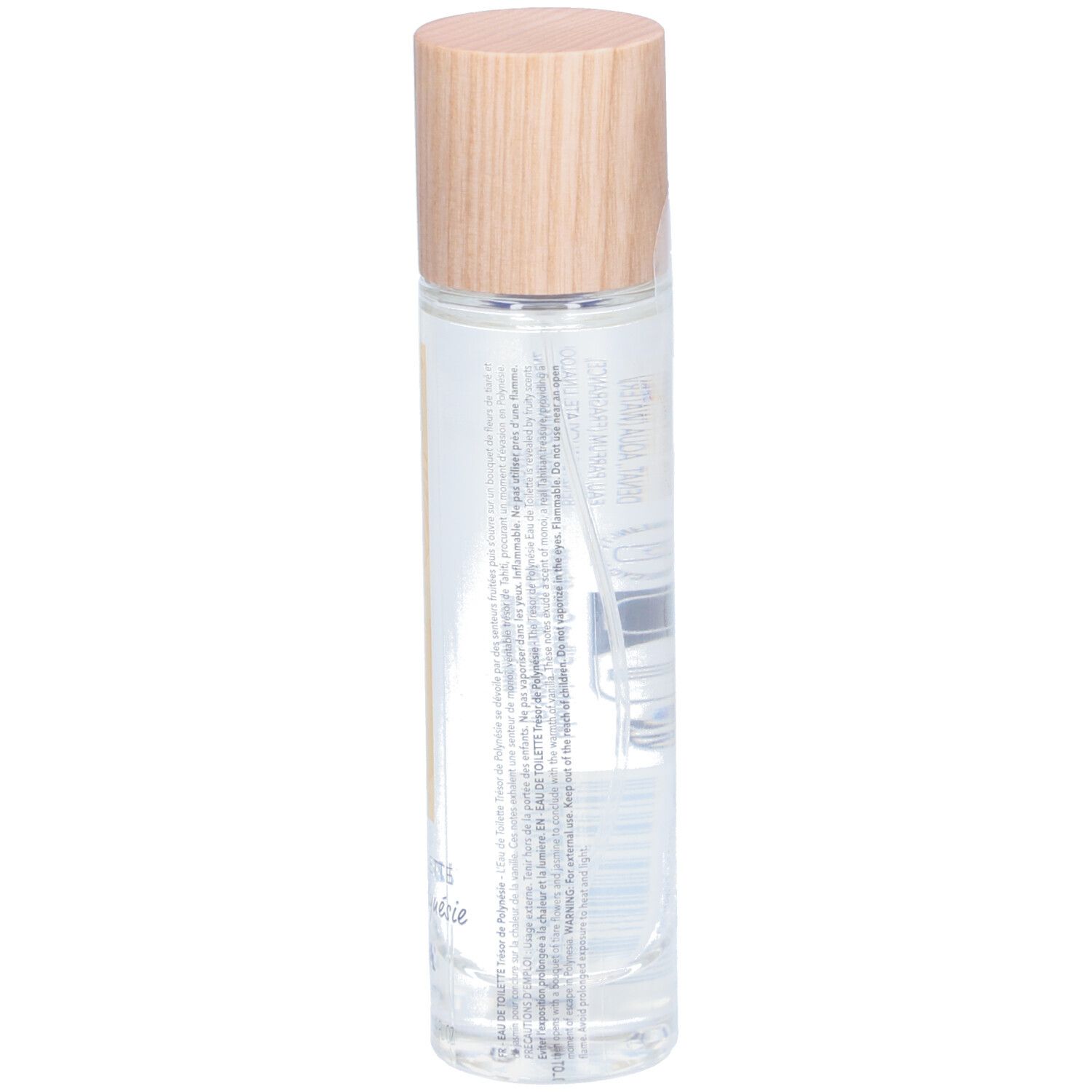 Flacon cylindrique en verre avec bouchon en bois. Dos avec texte. Produit: HEI POA EAU DE TOILETTE Trésor de Polynésie.