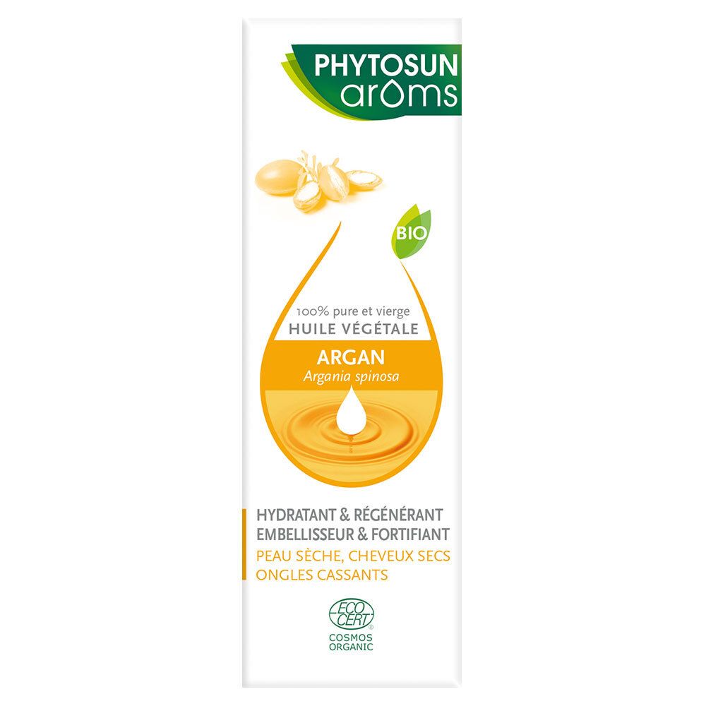 Phytosun Arôms Bio-Arganöl. Emballage. Certification bio. Contient de l'huile d'argan. Pour peau, cheveux et ongles secs.