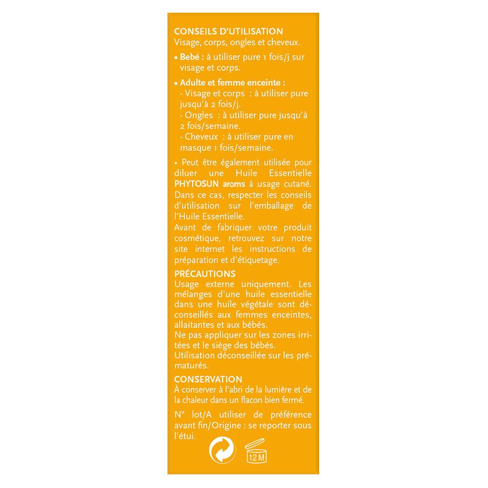 Texte sur fond jaune. Conseils d'utilisation pour visage, corps, ongles et cheveux. Précautions et conservation.