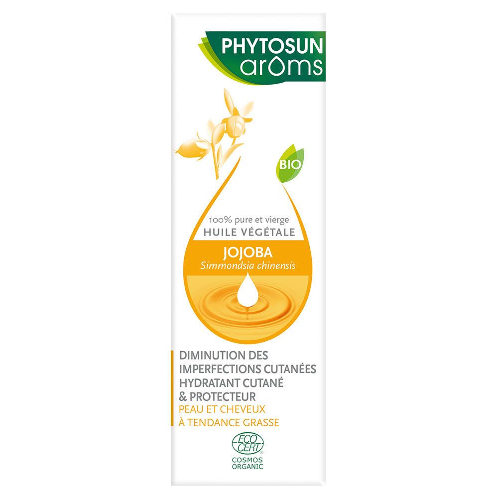 Schmale, gelbe Verpackung mit Produktinformationen. Aufschrift: PHYTOSUN arôms Jojoba. Bio-Zertifizierung.