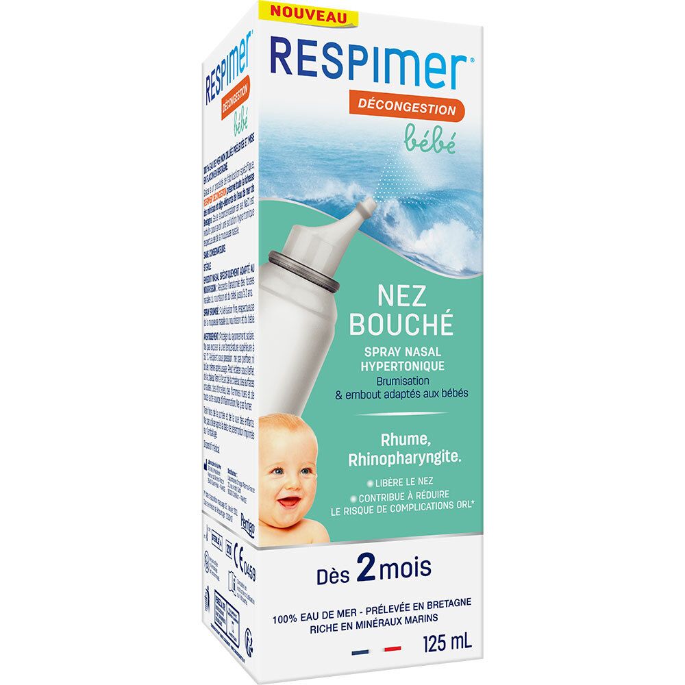 Boîte Respimer Décongestion bébé. Inscription: Nez bouché, spray nasal hypertonique. Pour bébés dès 2 mois.