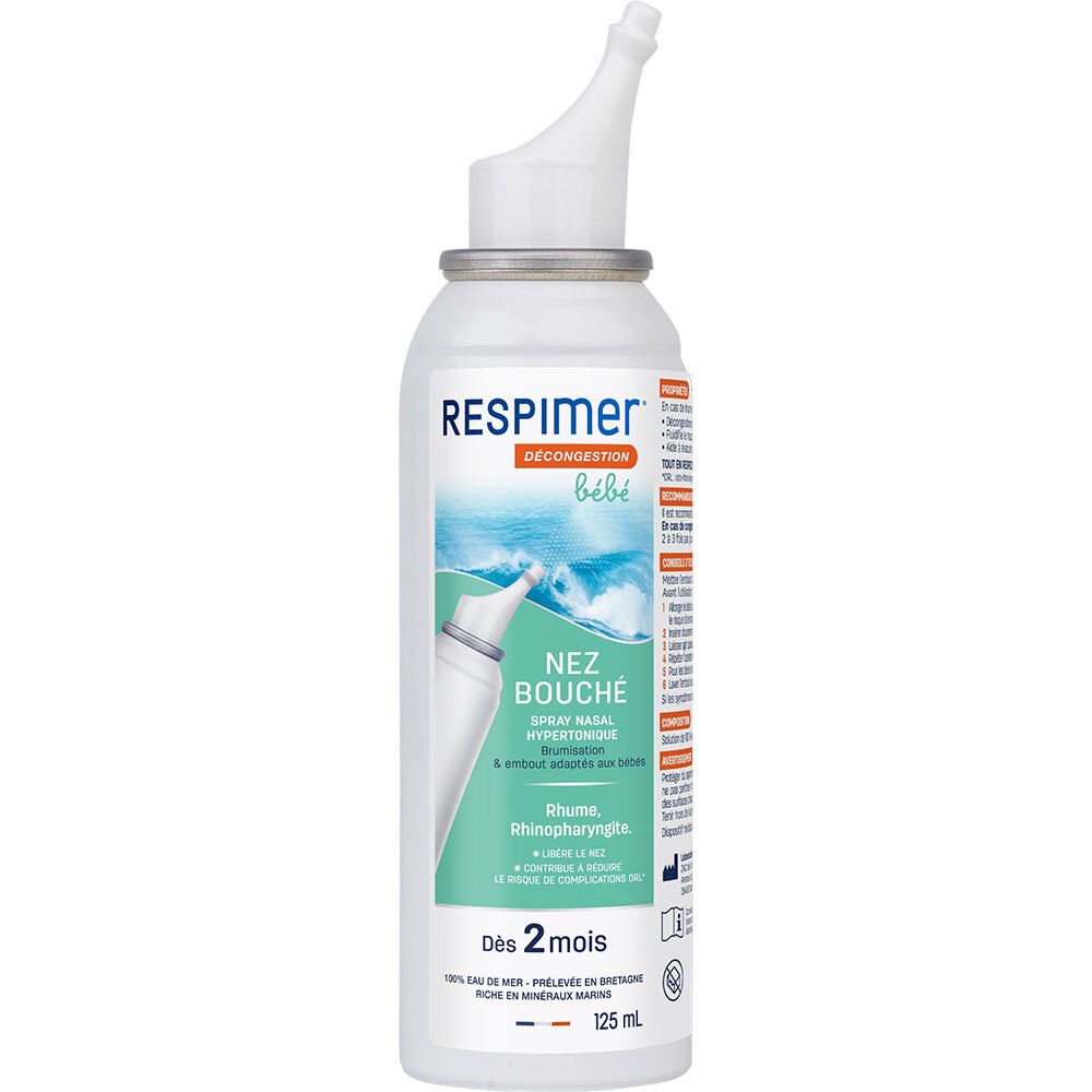 Flacon de spray nasal Respimer Décongestion bébé. Inscription: Nez bouché, spray nasal hypertonique. Dès 2 mois.