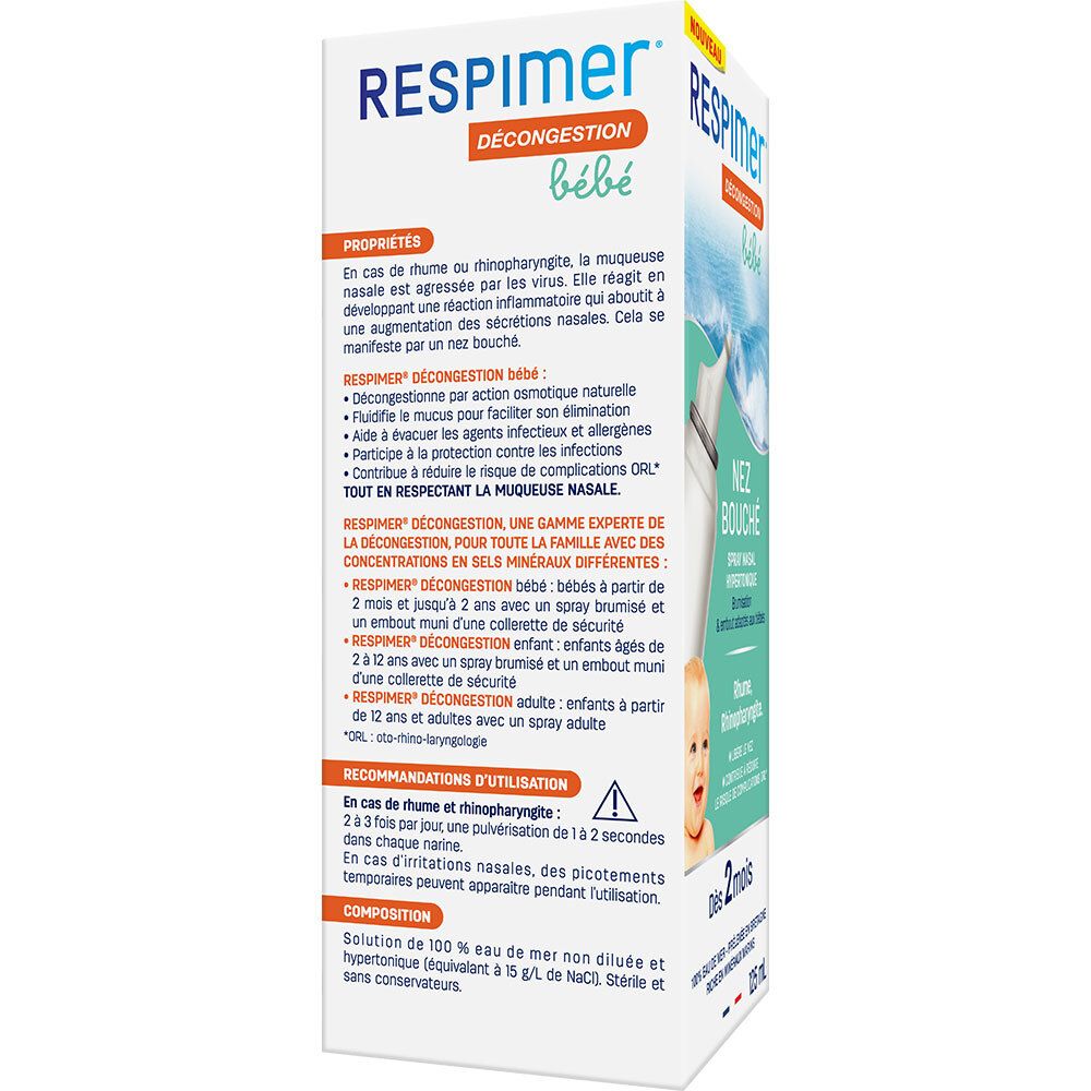 Dos de la boîte Respimer Décongestion bébé. Texte sur les propriétés et l'utilisation. Pour bébés dès 2 mois.