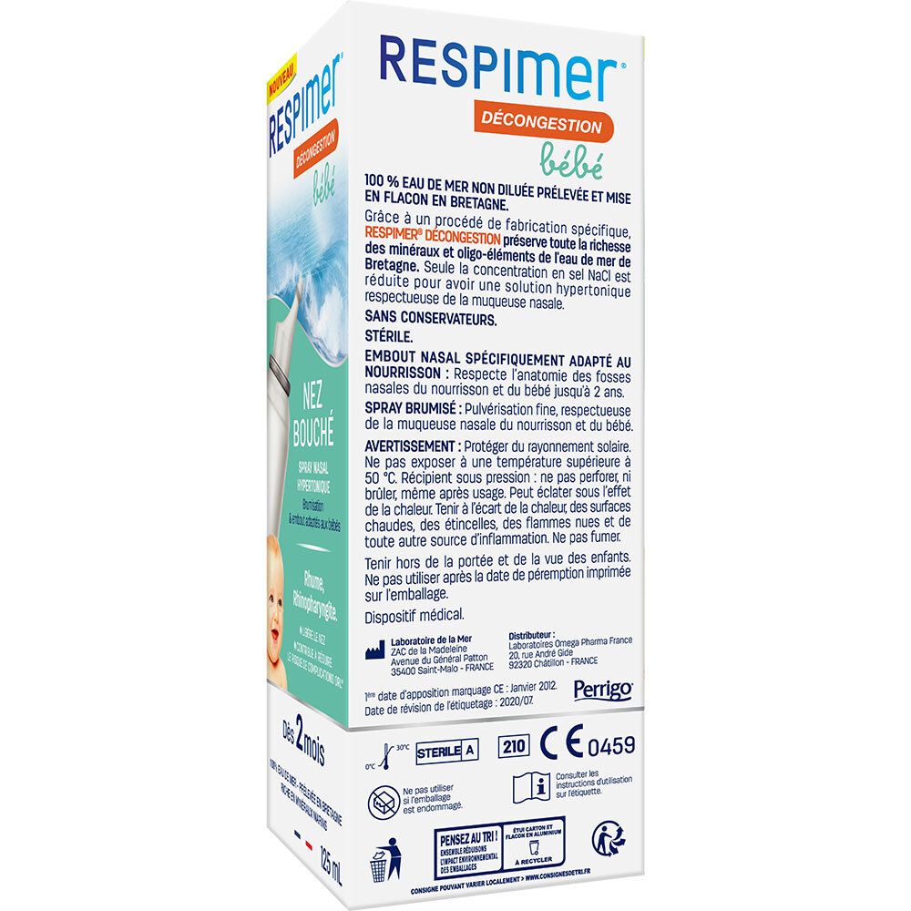 Côté de la boîte Respimer Décongestion bébé. Texte sur les ingrédients et les avertissements. Dès 2 mois.
