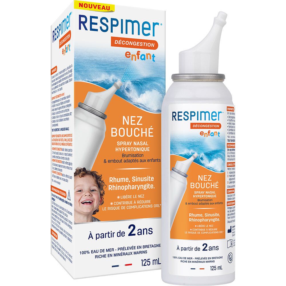 Flacon de spray nasal et emballage. Blanc, accents orange. Texte: Respimer, Décongestion enfant, Nez bouché. Dès 2 ans.