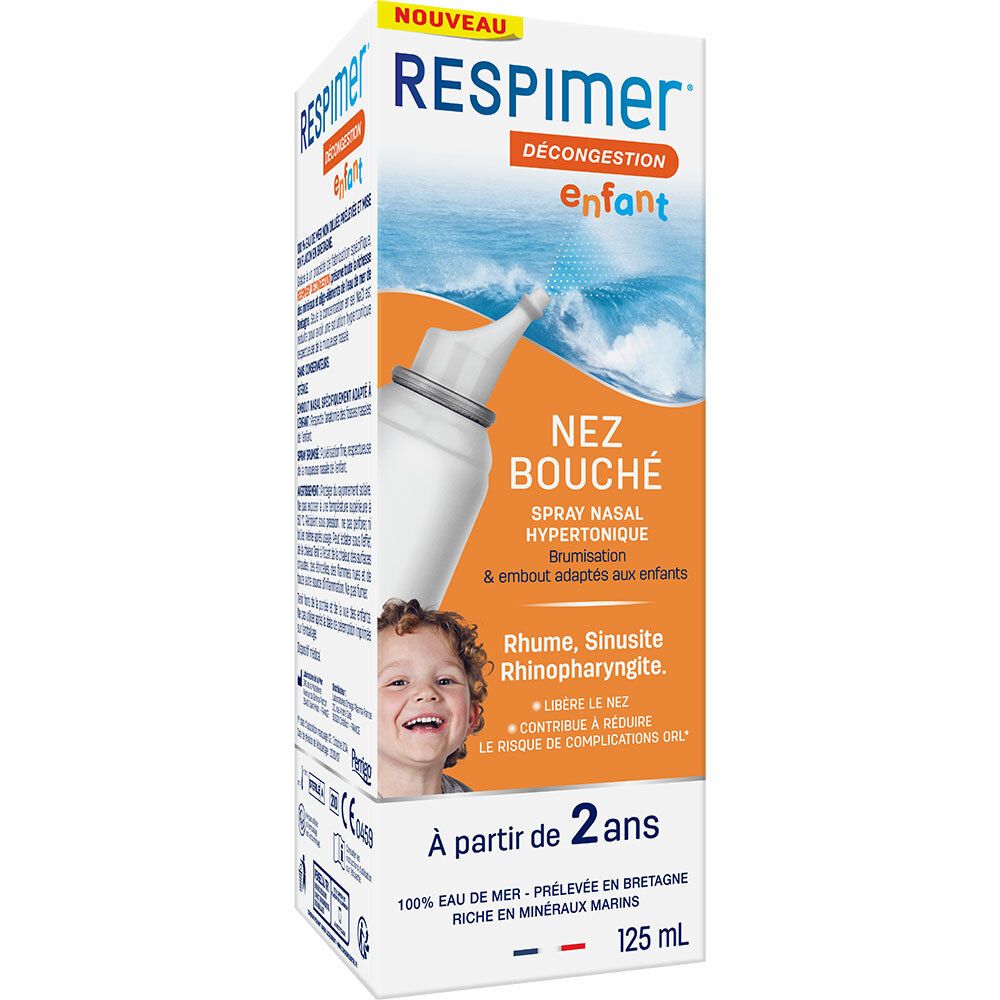 Emballage. Blanc, accents orange. Texte: Respimer, Décongestion enfant, Nez bouché. Illustration d'un enfant.