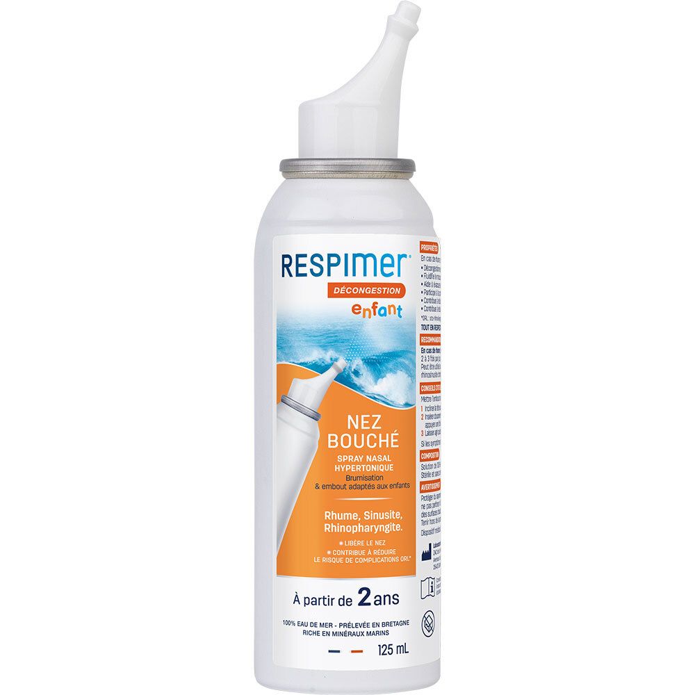 Flacon de spray nasal. Blanc, accents orange. Texte: Respimer, Décongestion enfant, Nez bouché. Dès 2 ans.