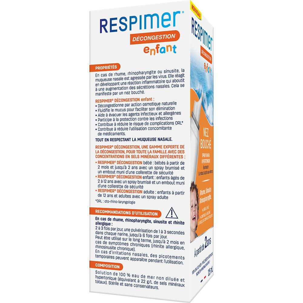 Emballage. Blanc, avec texte et illustrations. Texte: Respimer, Décongestion enfant. Informations d'utilisation.