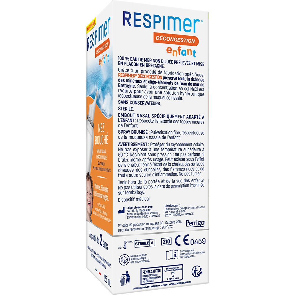 Emballage. Blanc, avec texte. Texte: Respimer, Décongestion enfant. Informations sur les ingrédients et avertissements.