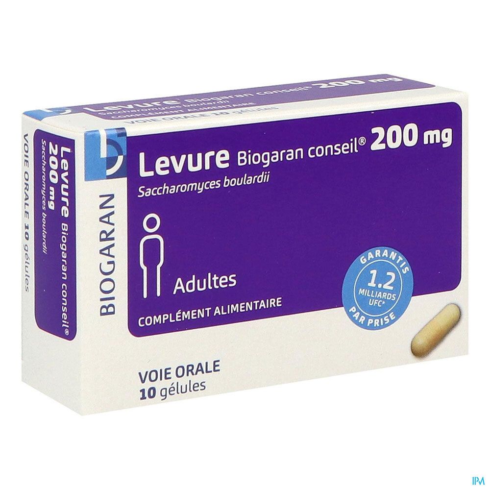 Boîte de Levure Biogaran Conseil 200 mg. Zone violette avec texte et gélule. Inscription : 'Adulte, Complément alimentaire'.