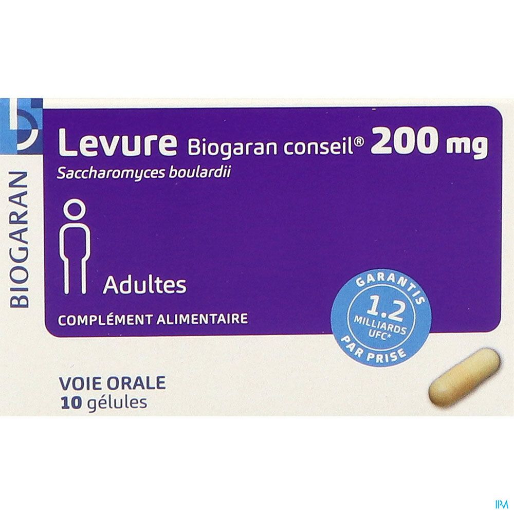 Gros plan sur l'emballage de Levure Biogaran Conseil 200 mg. Zone violette avec texte et gélule. Inscription : 'Adulte, Complément alimentaire'.