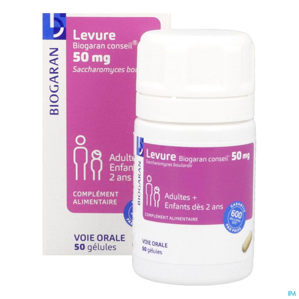 Flacon blanc avec étiquette violette. Inscription : Levure Biogaran conseil 50 mg. Complément alimentaire pour adultes et enfants dès 2 ans.