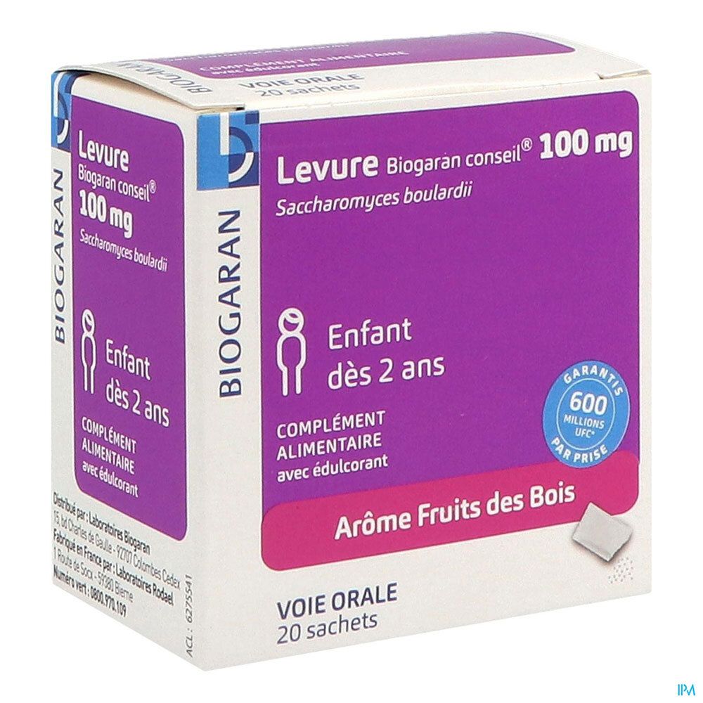 Boîte de compléments alimentaires. Inscription "Levure Biogaran conseil 100 mg". Contient 20 sachets.