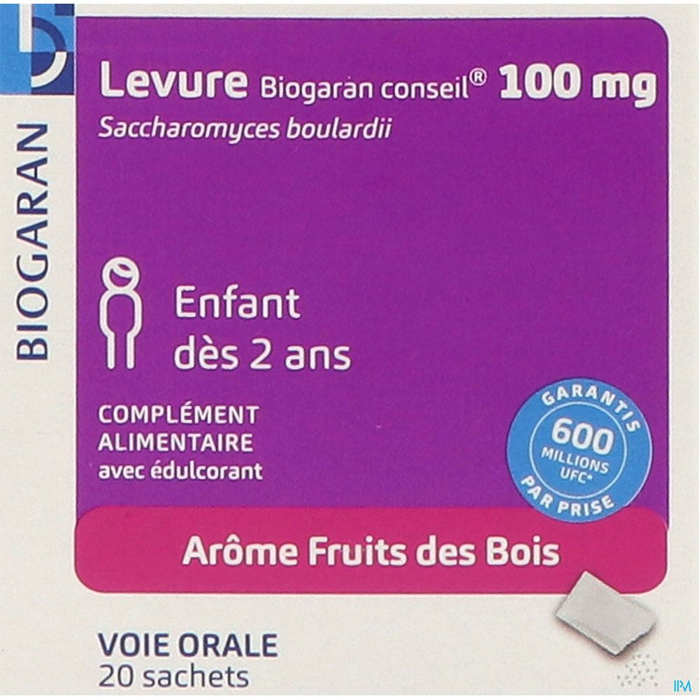 Gros plan sur l'emballage. Inscription "Levure Biogaran conseil 100 mg".