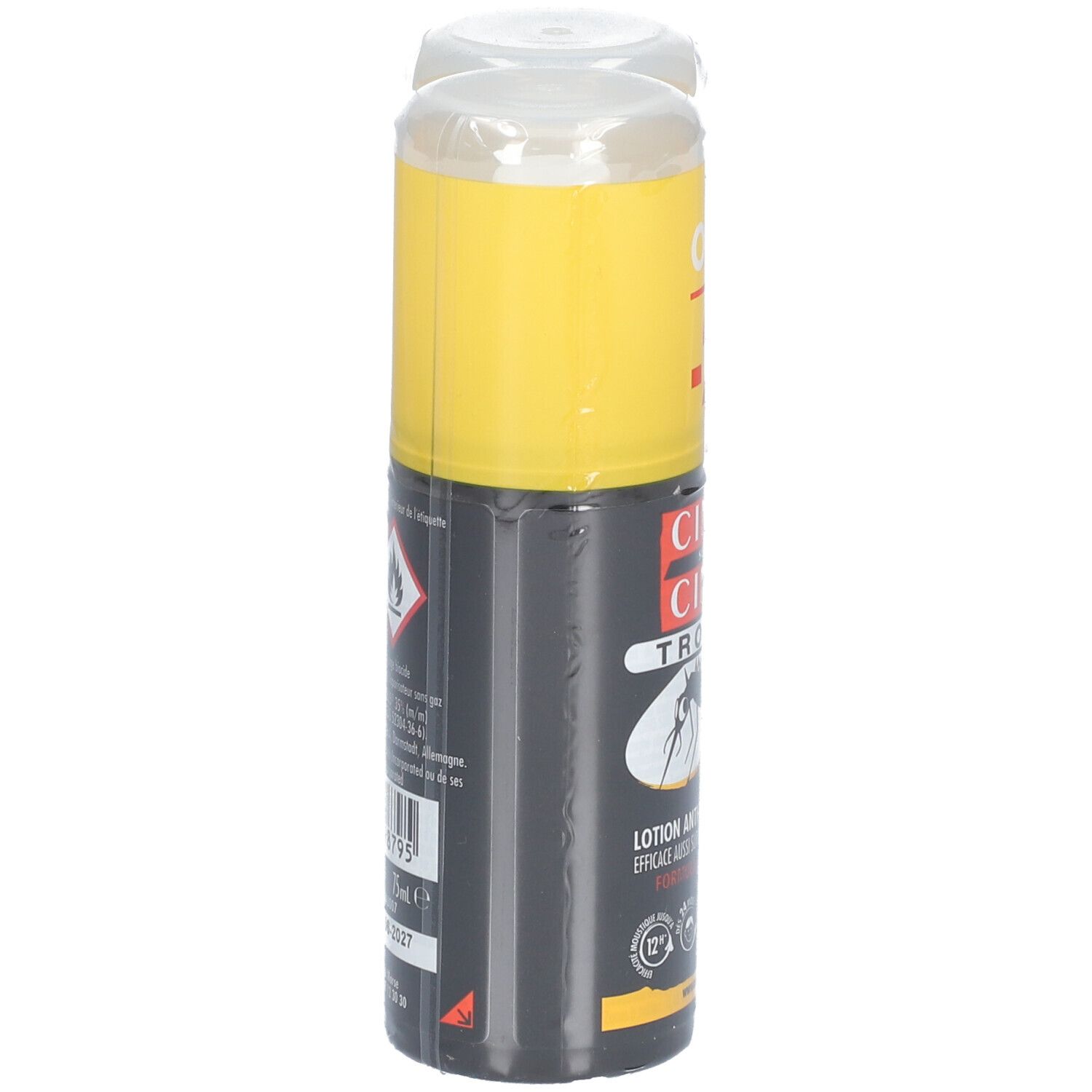 Spray noir avec bouchon jaune. Étiquette avec symboles d'avertissement et texte. Emballage plastique transparent.