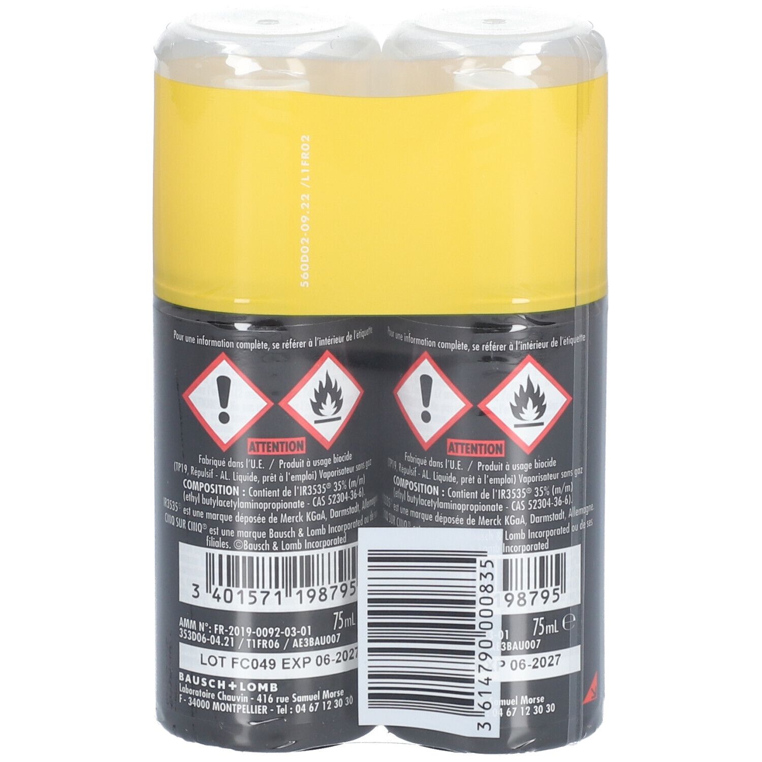 Dos de deux sprays noirs sous film plastique. Étiquette jaune avec texte et symboles d'avertissement.