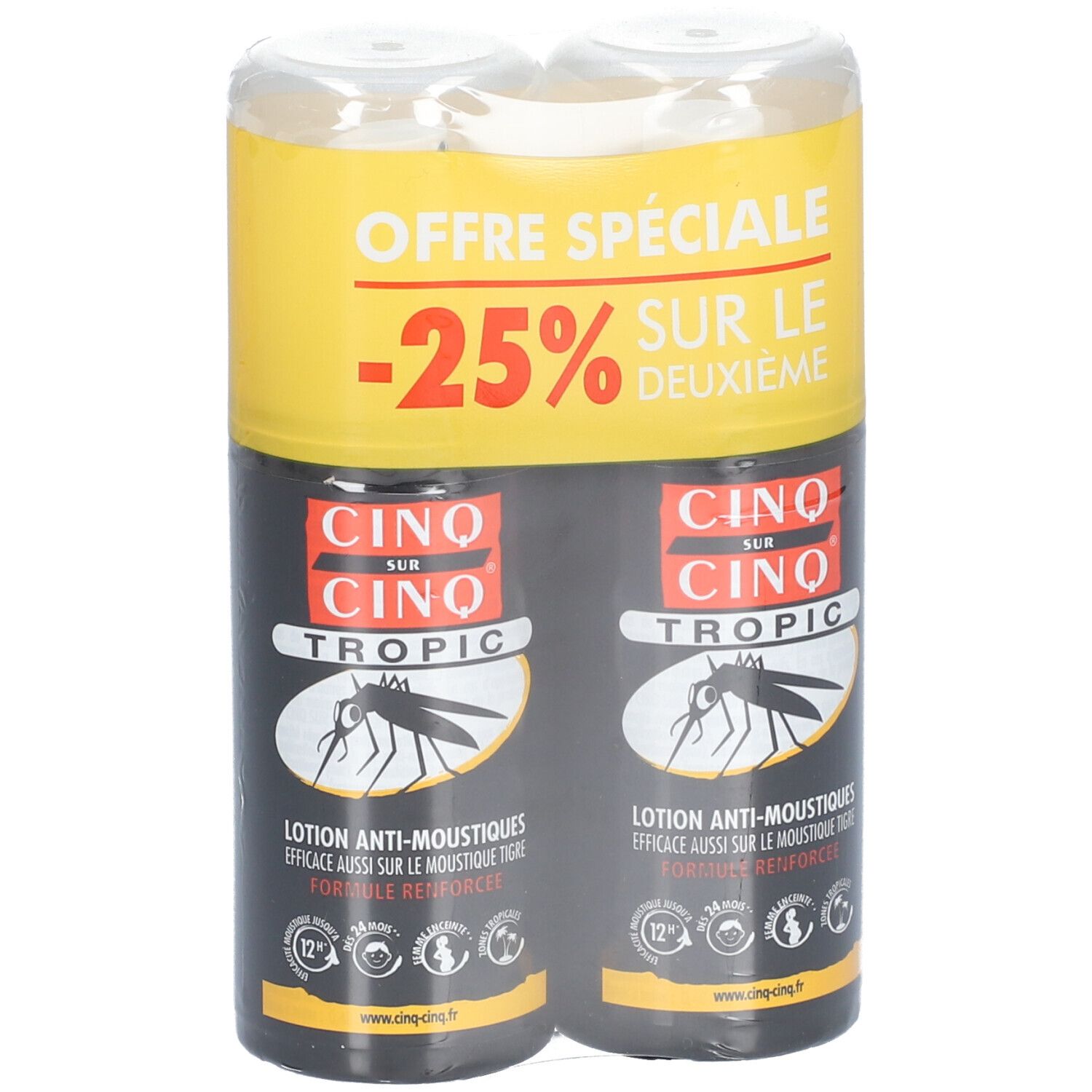 Lot de deux sprays noirs sous film plastique. Étiquette jaune avec texte "Offre Spéciale -25% sur le deuxième".