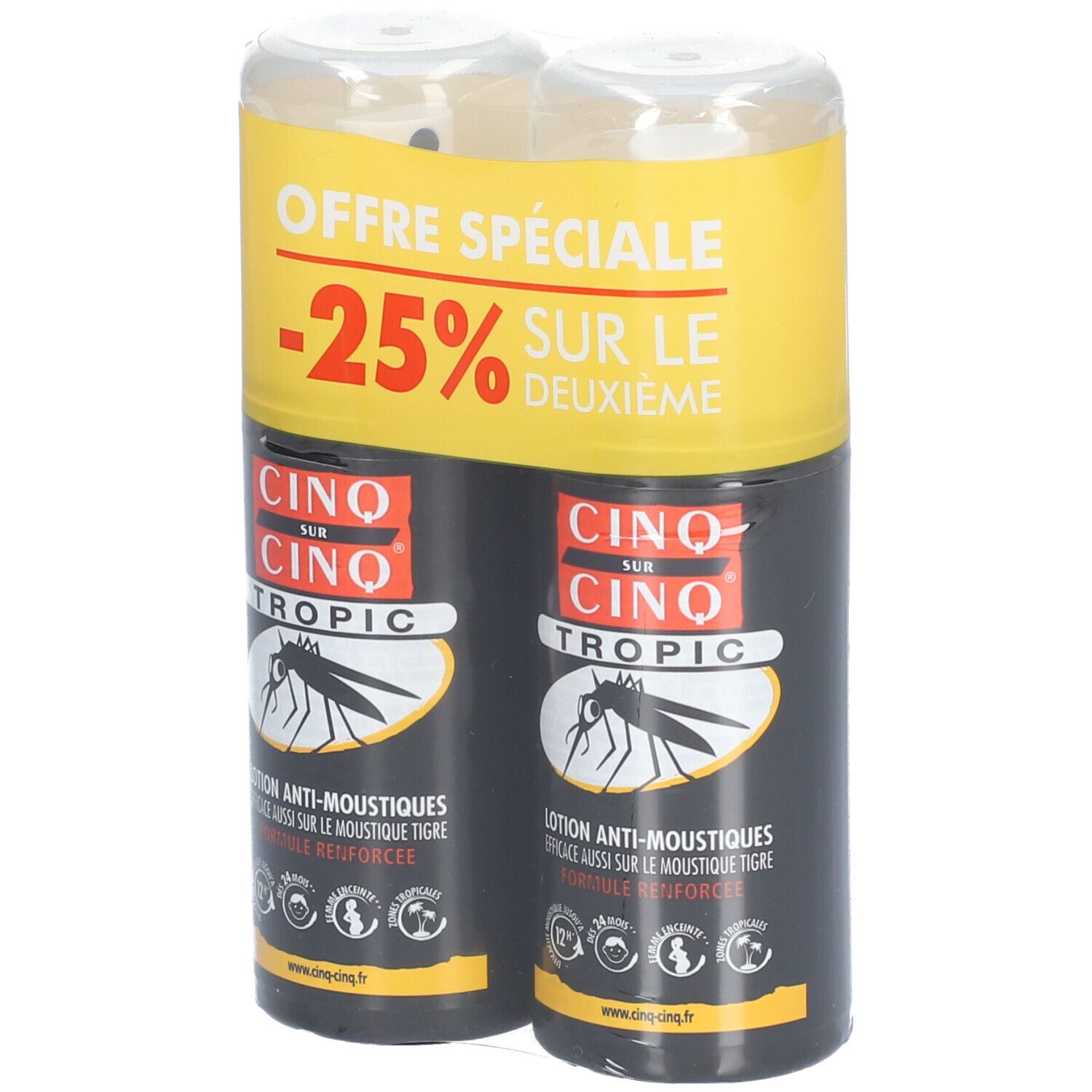 Lot de deux sprays noirs sous film plastique. Étiquette jaune avec texte "Offre Spéciale -25% sur le deuxième".