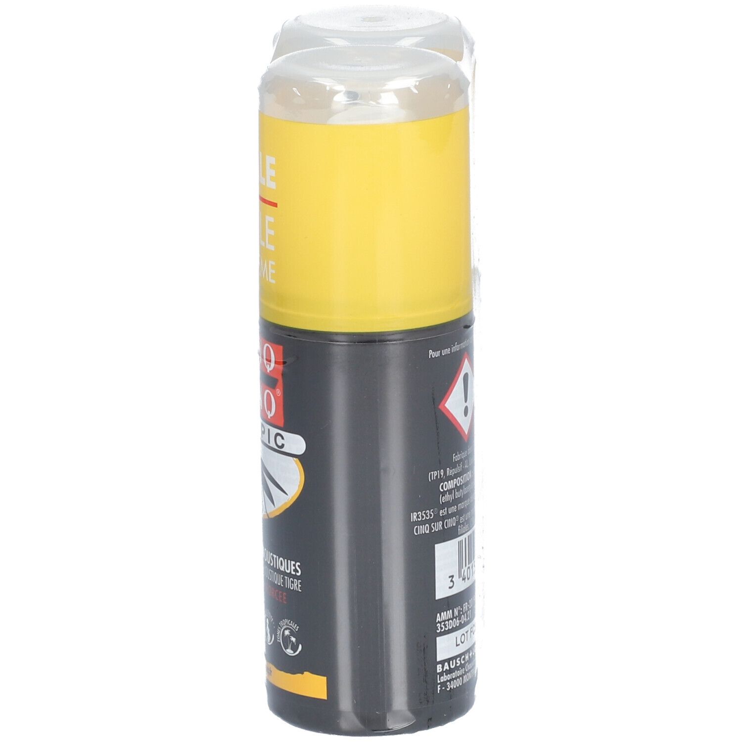 Spray noir avec bouchon jaune. Étiquette avec symboles d'avertissement et texte. Emballage plastique transparent.