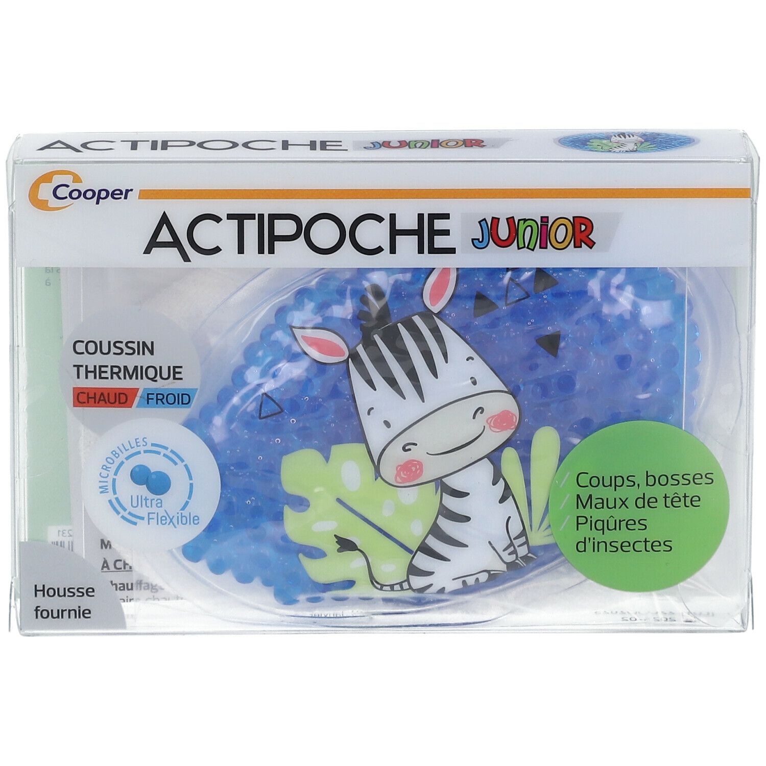 Coussin ACTIPOCHE Junior zèbre. Microbilles bleues. Inscription chaud/froid.