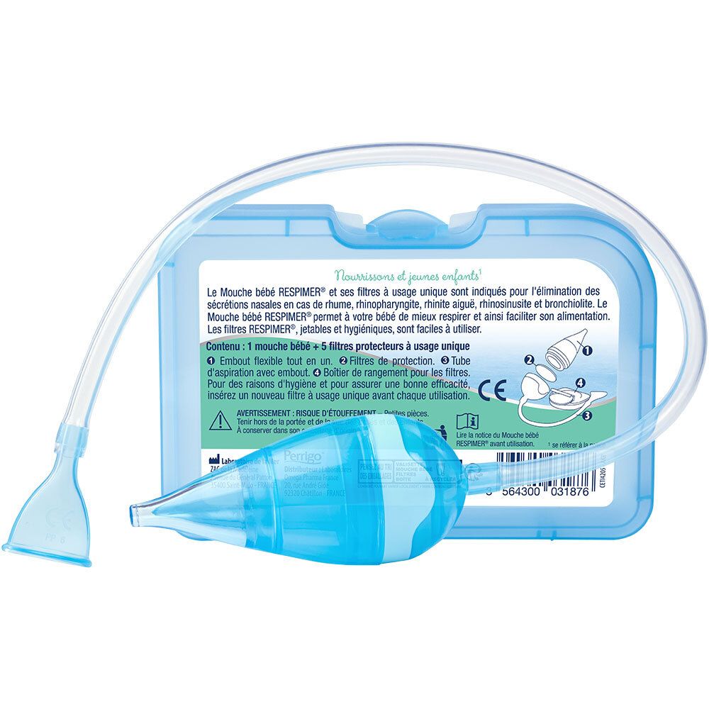 Aspirateur nasal bleu avec tube et accessoires. Dans une boîte bleue. Pour bébés et jeunes enfants.