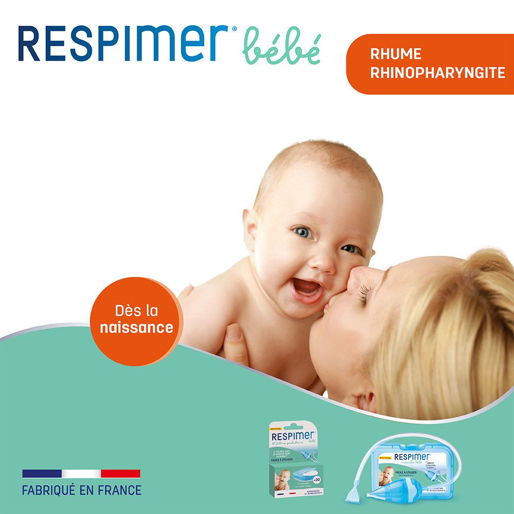 Bébé et maman. Aspirateur nasal RESPIMER® et emballage. Dès la naissance.