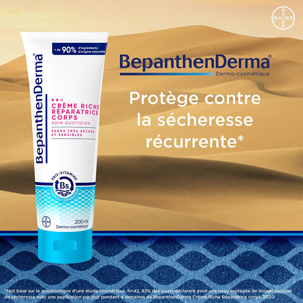Tube de crème. Texte: BepanthenDerma, Crème Riche Réparatrice Corps. Protège de la sécheresse.